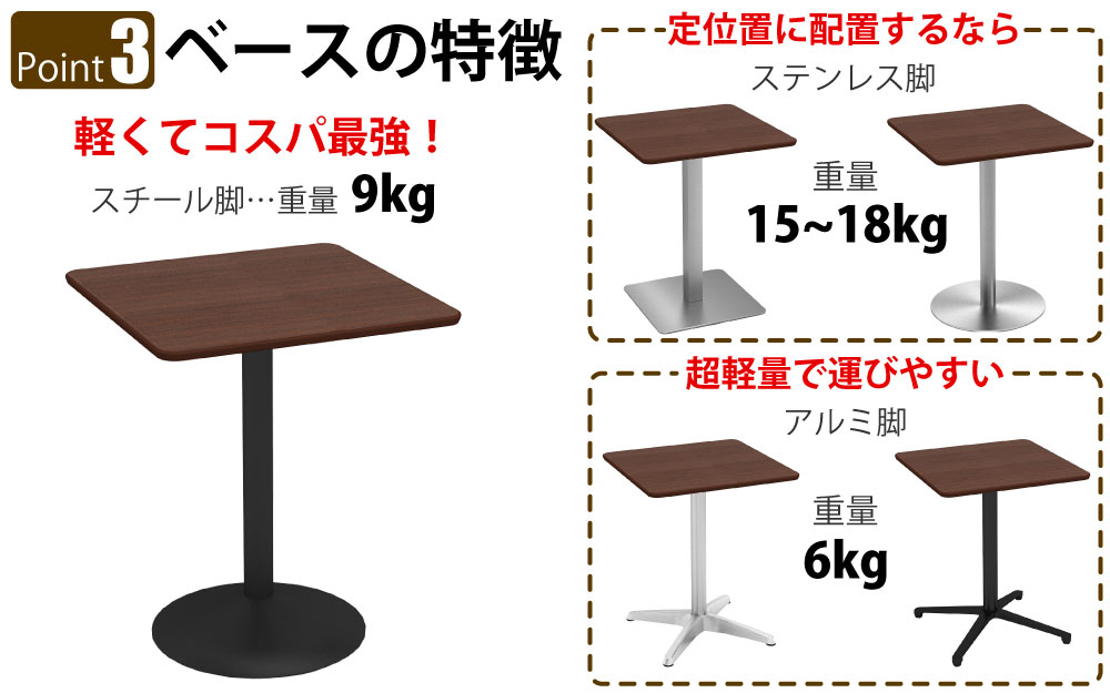 カフェテーブル 四角天板 幅60cm ブラウン木目 スチール脚 ポイント3 ベースの特徴 家具のAKIRA