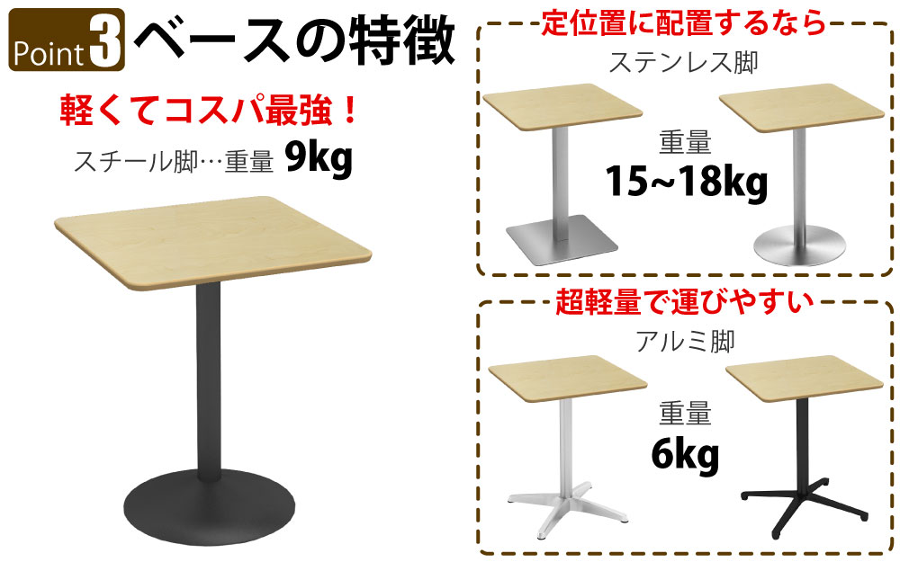 カフェテーブル 四角天板 幅60cm ナチュラル木目 スチール脚 ポイント3 ベースの特徴 家具のAKIRA