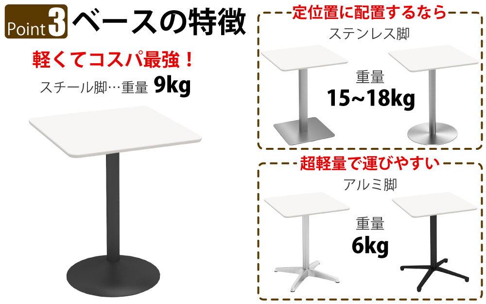 カフェテーブル 四角天板 幅60cm ホワイト スチール脚 ポイント3 ベースの特徴 家具のAKIRA