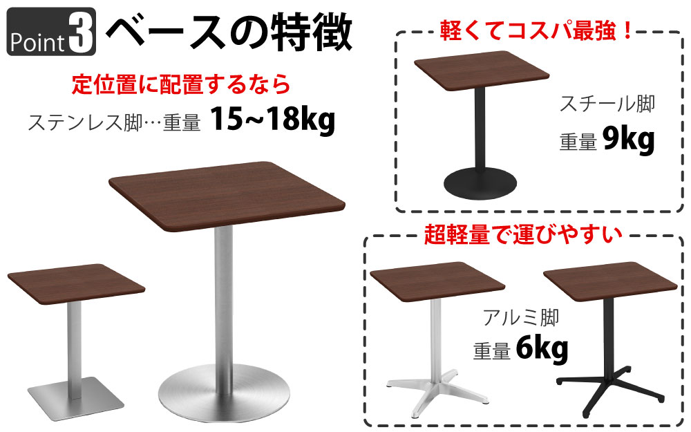 カフェテーブル 四角天板 幅60cm ブラウン木目 ステンレス脚 ポイント3 ベースの特徴 家具のAKIRA