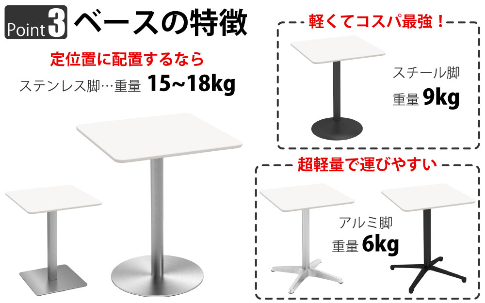 カフェテーブル 四角天板 幅60cm ホワイト ステンレス脚 ポイント3 ベースの特徴 家具のAKIRA