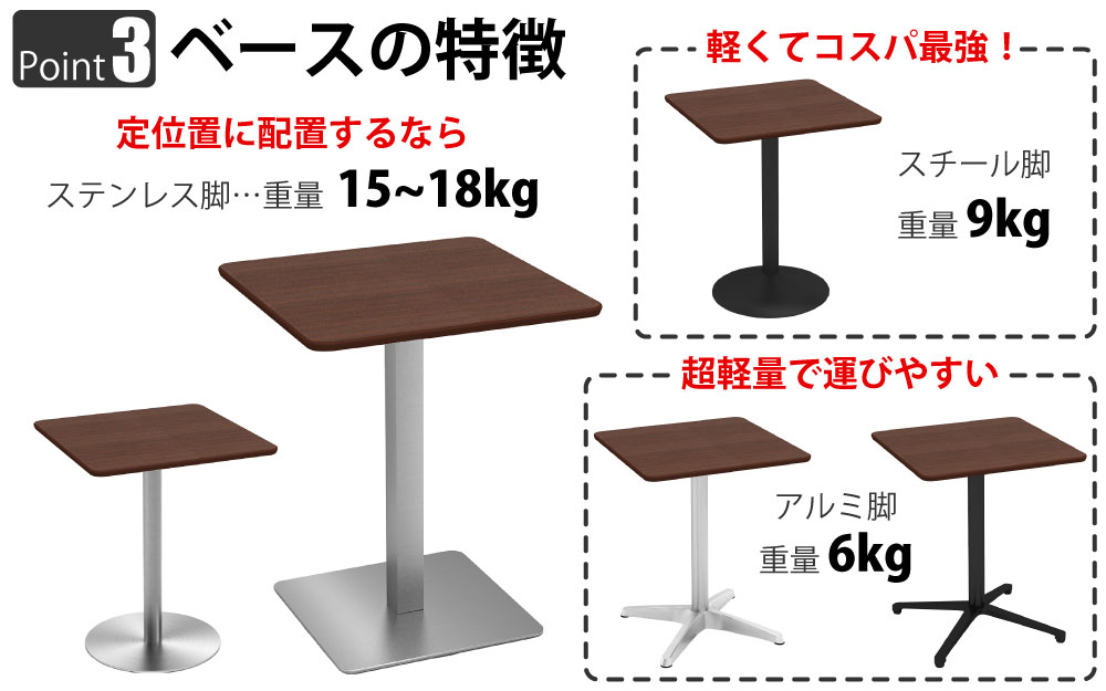 カフェテーブル 四角天板 幅60cm ブラウン木目 ステンレス脚 ポイント3 ベースの特徴 家具のAKIRA