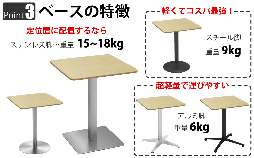 カフェテーブル 四角天板 幅60cm ナチュラル木目 ステンレス脚 ポイント3 ベースの特徴 家具のAKIRA