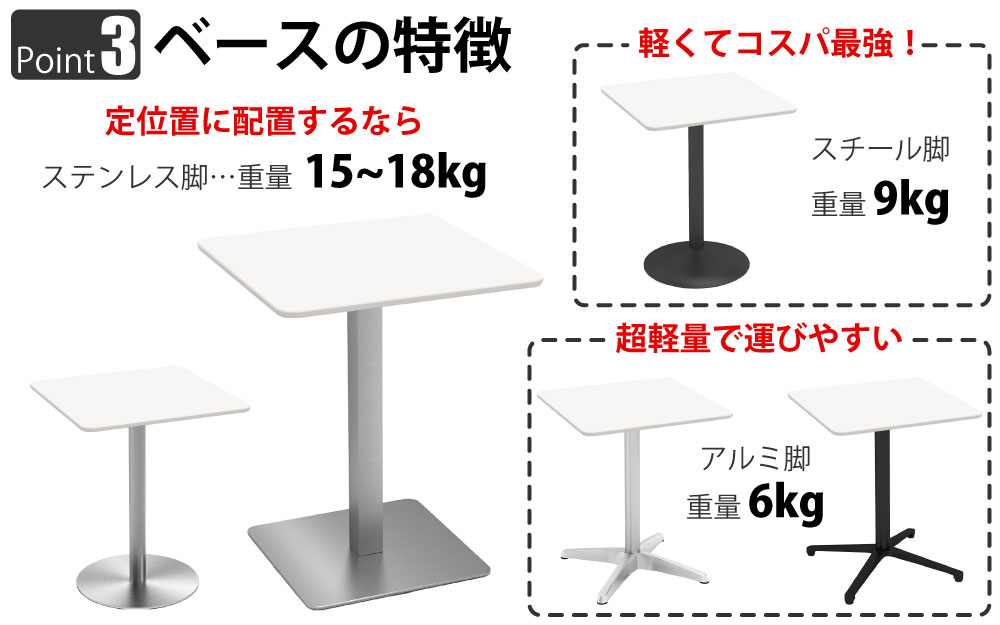 カフェテーブル 四角天板 幅60cm ホワイト ステンレス脚 ポイント3 ベースの特徴 家具のAKIRA