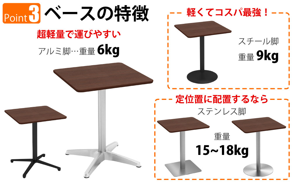 カフェテーブル 四角天板 幅60cm ブラウン木目 アルミ脚 ポイント3 ベースの特徴 家具のAKIRA