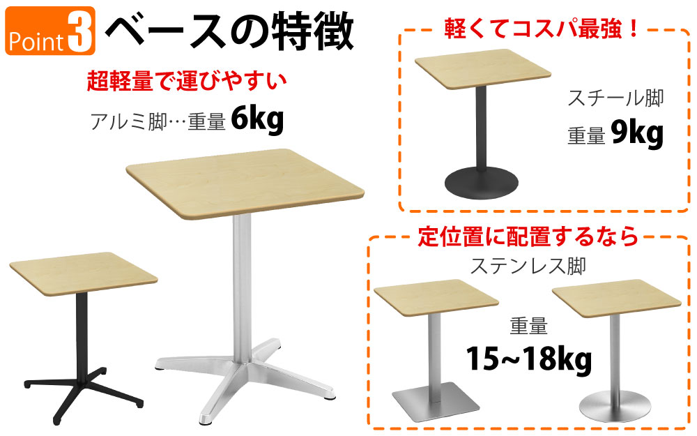 カフェテーブル 四角天板 幅60cm ナチュラル木目 アルミ脚 ポイント3 ベースの特徴 家具のAKIRA