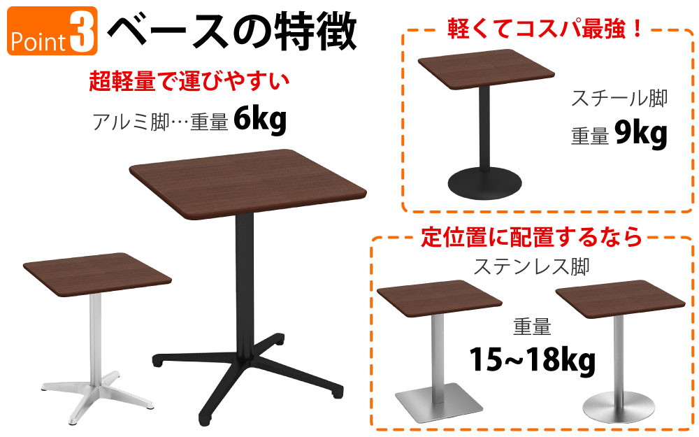 カフェテーブル 四角天板 幅60cm ブラウン木目 アルミ脚 ブラック脚 ポイント3 ベースの特徴 家具のAKIRA