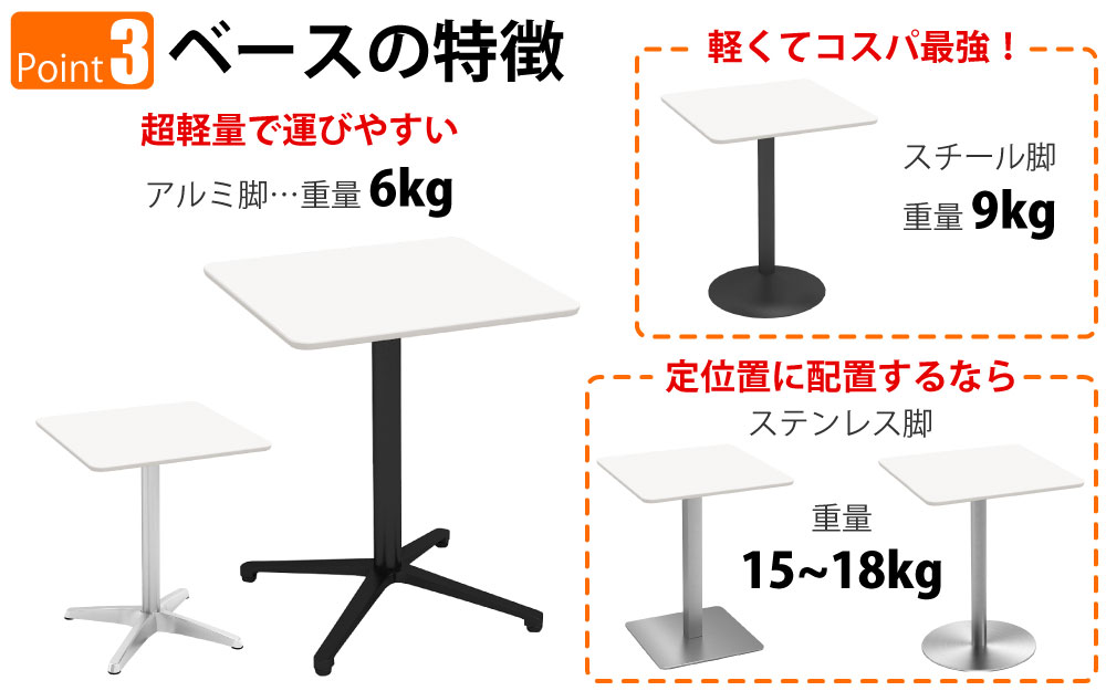 カフェテーブル 四角天板 幅60cm ホワイト アルミ脚 ブラック脚 ポイント3 ベースの特徴 家具のAKIRA