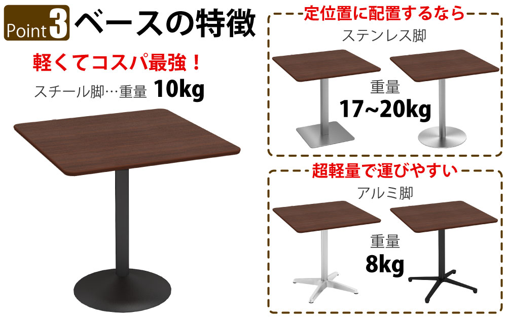 カフェテーブル 四角天板 幅75cm ブラウン木目 スチール脚 ポイント3 ベースの特徴 家具のAKIRA