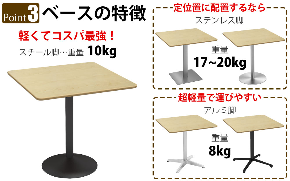 カフェテーブル 四角天板 幅75cm ナチュラル木目 スチール脚 ポイント3 ベースの特徴 家具のAKIRA