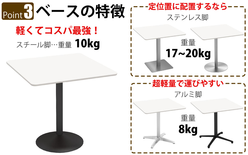 カフェテーブル 四角天板 幅75cm ホワイト スチール脚 ポイント3 ベースの特徴 家具のAKIRA