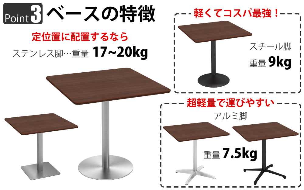 カフェテーブル 四角天板 幅75cm ブラウン木目 ステンレス脚 ポイント3 ベースの特徴 家具のAKIRA