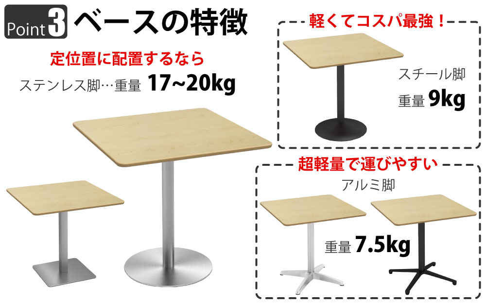 カフェテーブル 四角天板 幅75cm ナチュラル木目 ステンレス脚 ポイント3 ベースの特徴 家具のAKIRA