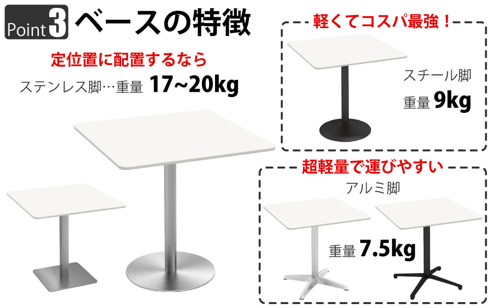 カフェテーブル 四角天板 幅75cm ホワイト ステンレス脚 ポイント3 ベースの特徴 家具のAKIRA