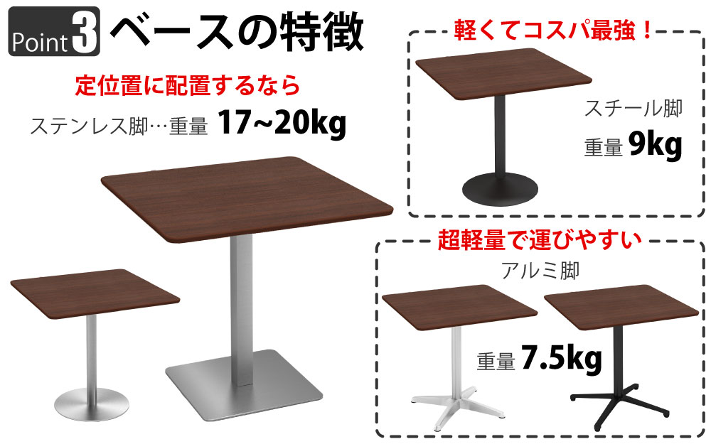 カフェテーブル 四角天板 幅75cm ブラウン木目 ステンレス脚 ポイント3 ベースの特徴 家具のAKIRA