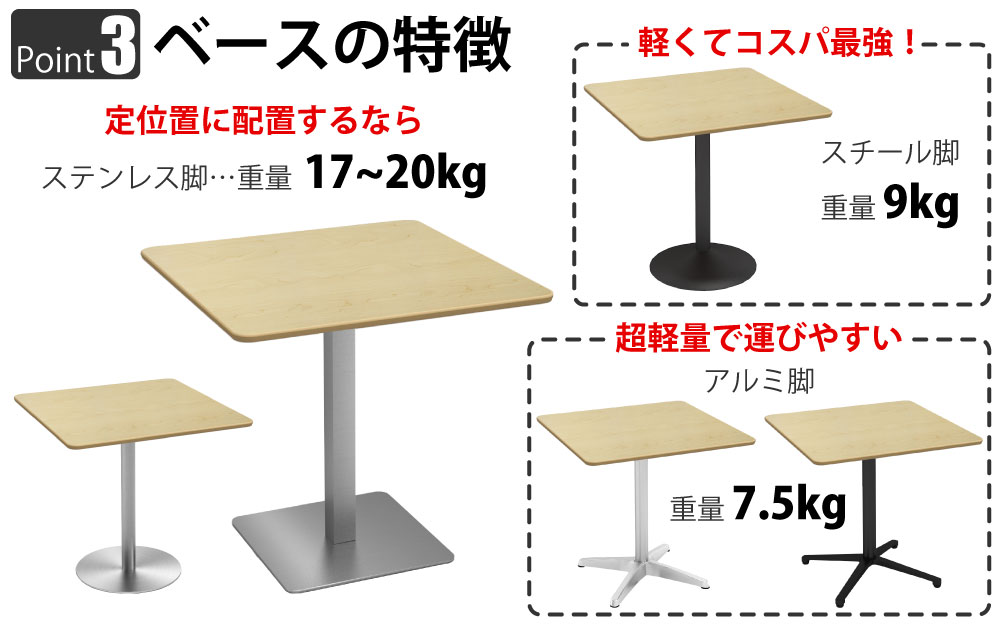 カフェテーブル 四角天板 幅75cm ナチュラル木目 ステンレス脚 ポイント3 ベースの特徴 家具のAKIRA