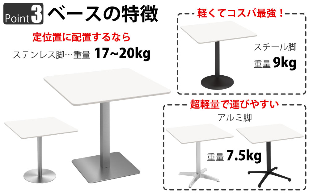 カフェテーブル 四角天板 幅75cm ホワイト ステンレス脚 ポイント3 ベースの特徴 家具のAKIRA