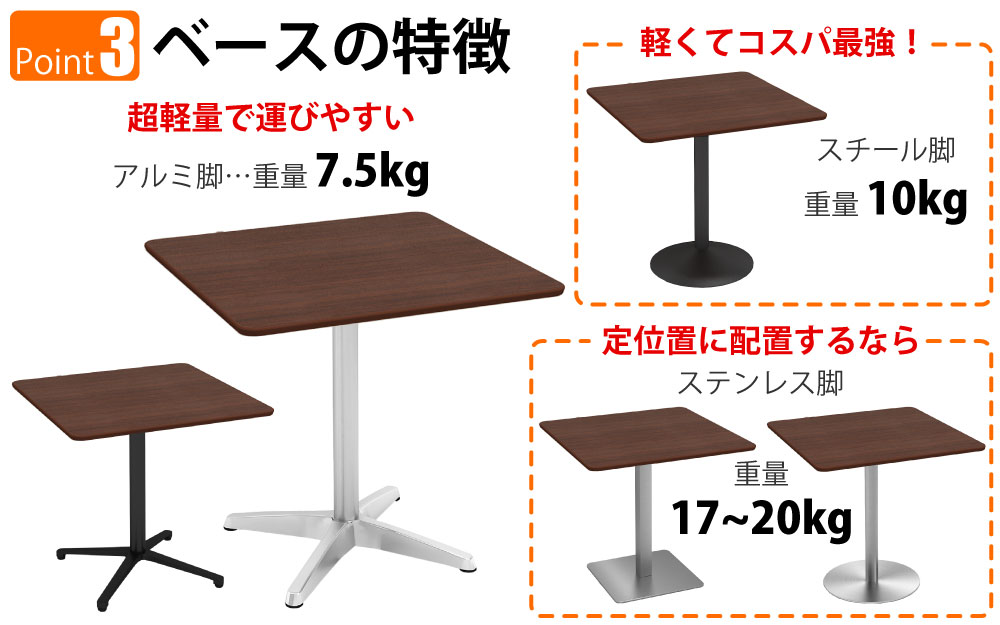 カフェテーブル 四角天板 幅75cm ブラウン木目 アルミ脚 ポイント3 ベースの特徴 家具のAKIRA