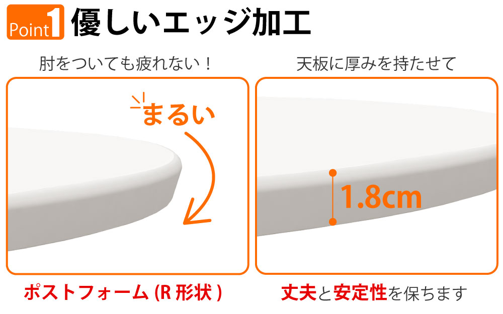 ハイカフェテーブル 丸天板 直径60cm 高さ100cm ナチュラル木目 アルミ脚 ポイント1 優しいエッジ加工 家具のAKIRA