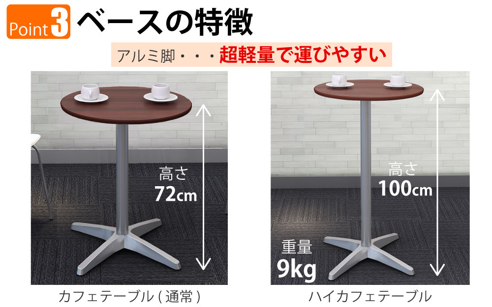 ハイカフェテーブル 丸天板 直径60cm 高さ100cm ブラウン木目 アルミ脚 ポイント3 ベースの特徴 家具のAKIRA