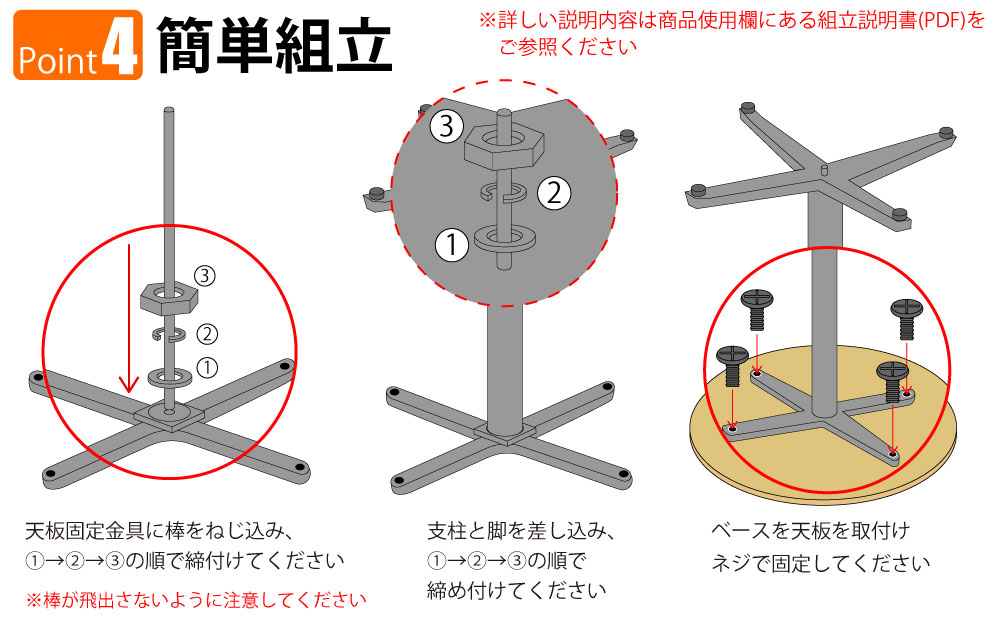 ハイカフェテーブル 丸天板 直径60cm 高さ100cm ナチュラル木目 アルミ脚 ポイント4 簡単組立 家具のAKIRA