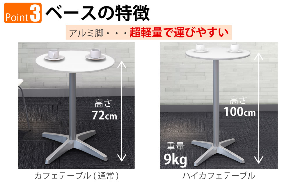 ハイカフェテーブル 丸天板 直径60cm 高さ100cm ホワイト アルミ脚 ポイント3 ベースの特徴 家具のAKIRA