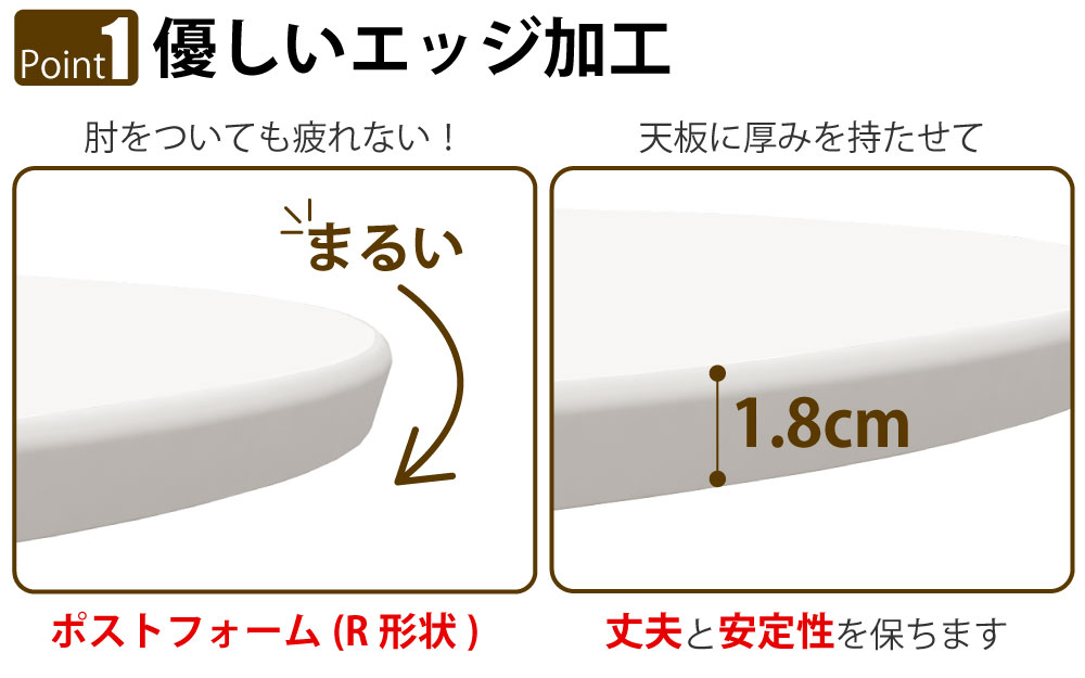 カフェテーブル 丸天板 直径60cm ホワイト スチール脚 ポイント1 優しいエッジ加工 家具のAKIRA