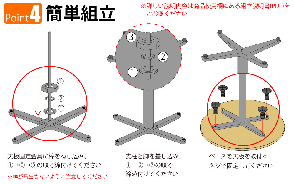 カフェテーブル 丸天板 直径75cm ナチュラル木目 アルミ脚 ポイント4 簡単組立 家具のAKIRA